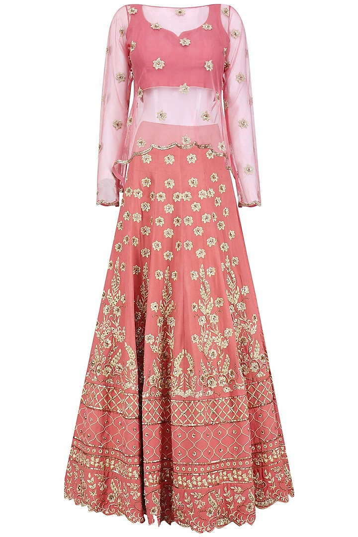 Old Rose Embroidered Lehenga and Cape Set by Virsa