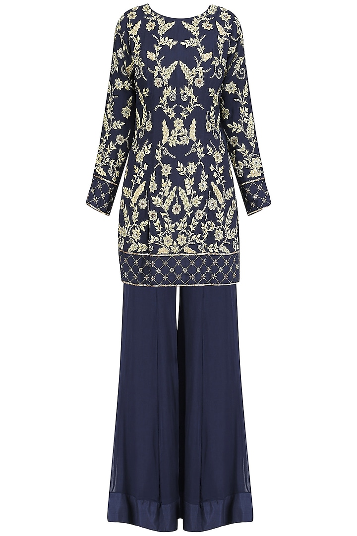 Navy Blue Embroidered Short Kurta and Palazzo Pants Set by Virsa