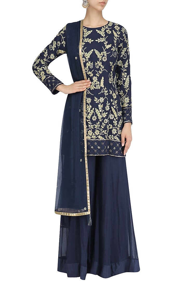 Navy blue embroidered short kurta and palazzo pants set available only at Pernia's Pop Up Shop.