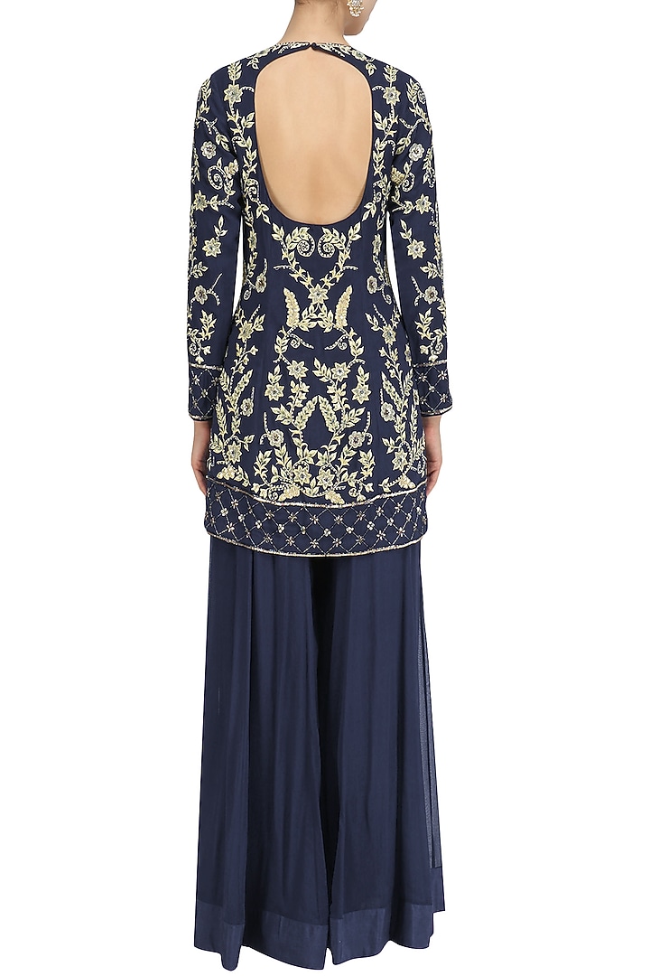 Navy blue embroidered short kurta and palazzo pants set available only at Pernia's Pop Up Shop.
