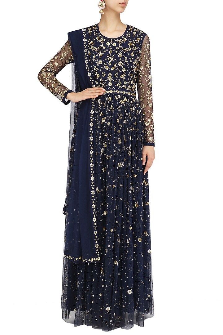 Navy blue embroidered anarkali set available only at Pernia's Pop Up Shop.