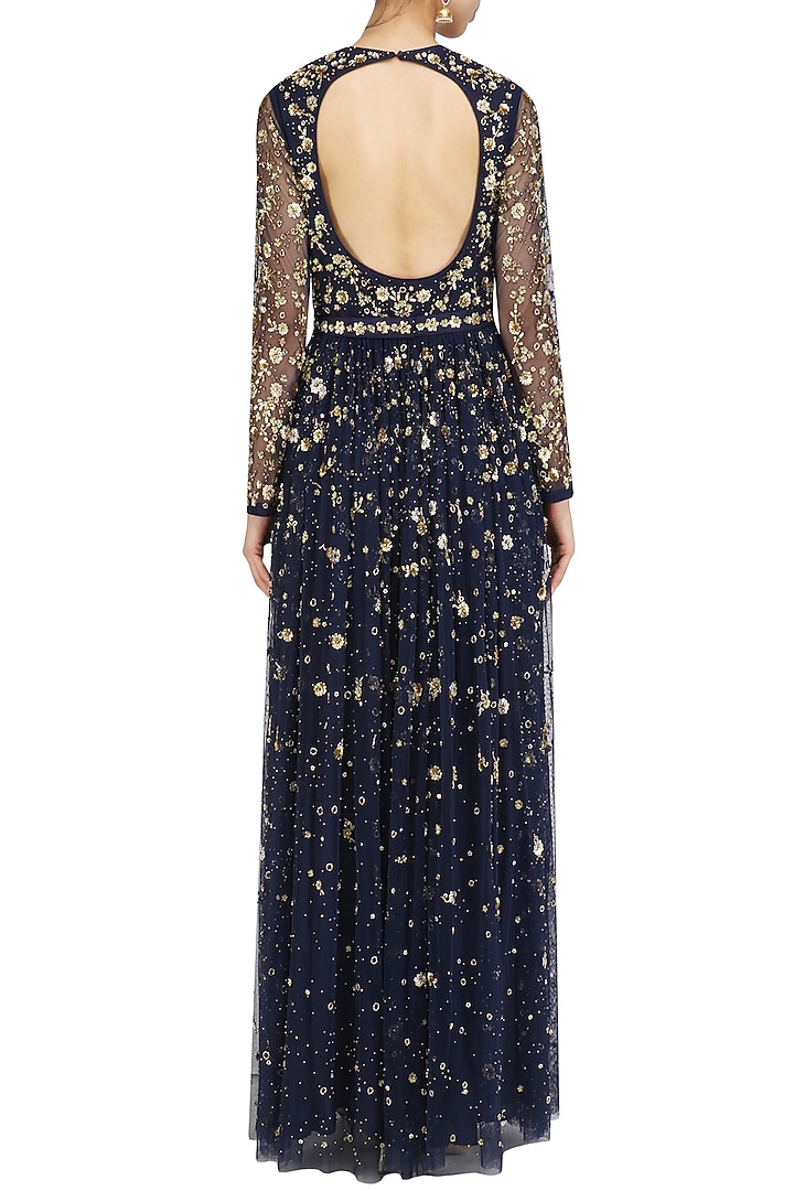 Navy blue embroidered anarkali set available only at Pernia's Pop Up Shop.