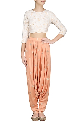 Cream Jaal Embroidered Crop Top and Drop Crotch Pants by Virsa