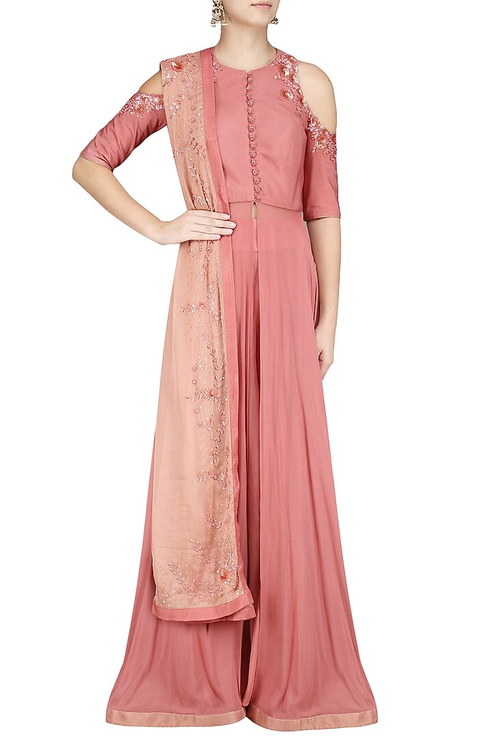 Old rose embroidered cold shoulder jacket and sharara pants set available only at Pernia's Pop Up Shop.