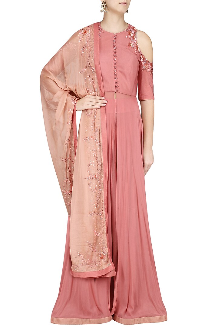 Old rose embroidered cold shoulder jacket and sharara pants set available only at Pernia's Pop Up Shop.