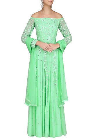 Mint Green Embroidered Off Shoulder Anarkali Set by Virsa