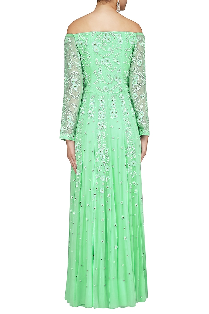 Mint green embroidered off shoulder anarkali set available only at Pernia's Pop Up Shop.