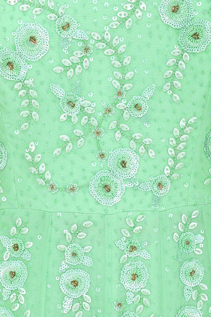 Mint green embroidered off shoulder anarkali set available only at Pernia's Pop Up Shop.