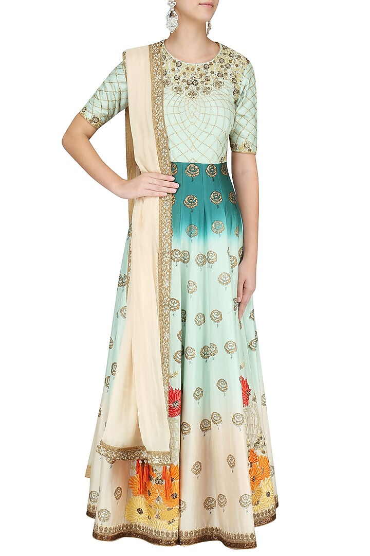 Teal rose ombre dyed embroidered anarkali set available only at Pernia's Pop Up Shop.