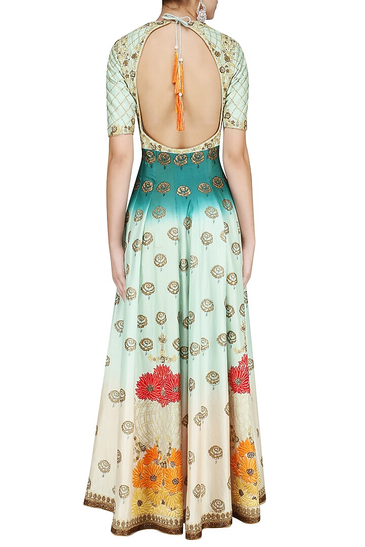 Teal rose ombre dyed embroidered anarkali set available only at Pernia's Pop Up Shop.