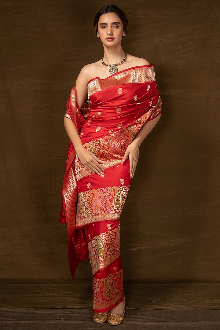 Red Muga Silk Handwoven Banarasi Saree by VISHWA