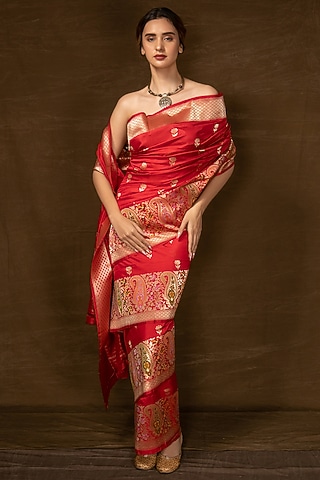 Red Muga Silk Handwoven Banarasi Saree by VISHWA