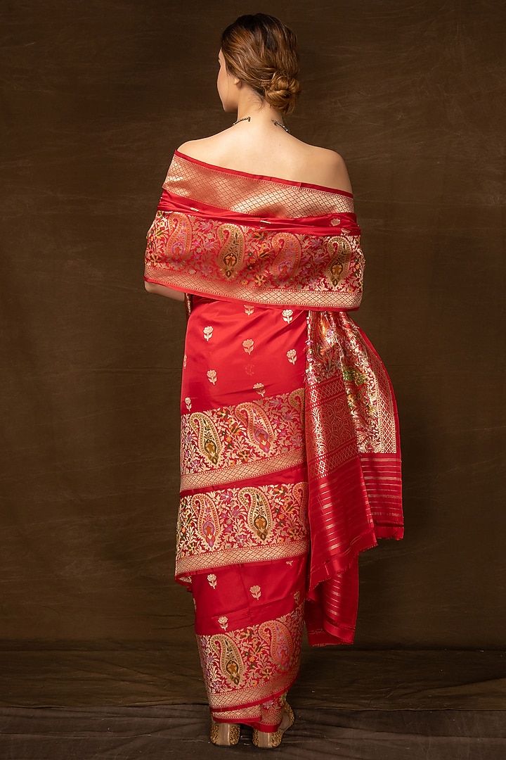 Red Muga Silk Handwoven Banarasi Wedding Saree by VISHWA at Pernia's Pop Up Shop