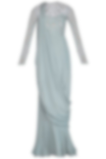 Frost Blue Embroidered Cross Shoulder Draped Gown by VIVEK PATEL