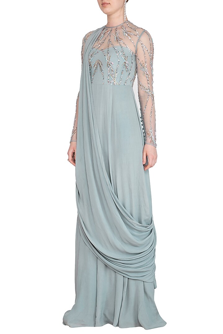 Frost Blue Embroidered Cross Shoulder Draped Engagement Gown by Vivek Patel at Pernia's Pop Up Shop