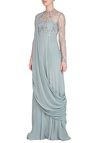 Frost Blue Embroidered Cross Shoulder Draped Gown by Vivek Patel