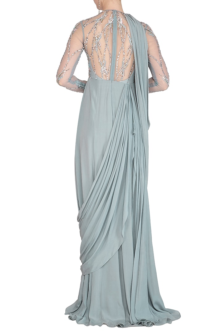 Frost Blue Embroidered Cross Shoulder Draped Engagement Gown by Vivek Patel at Pernia's Pop Up Shop