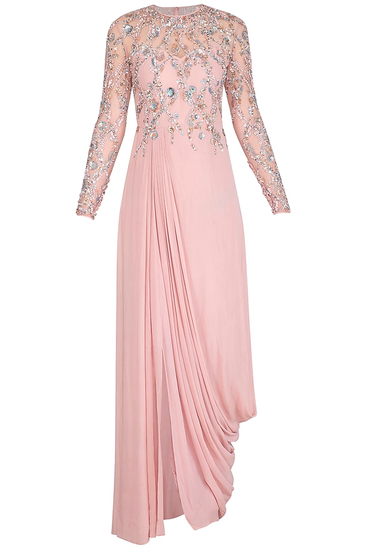 Pink Hand Embroidered Gown by VIVEK PATEL
