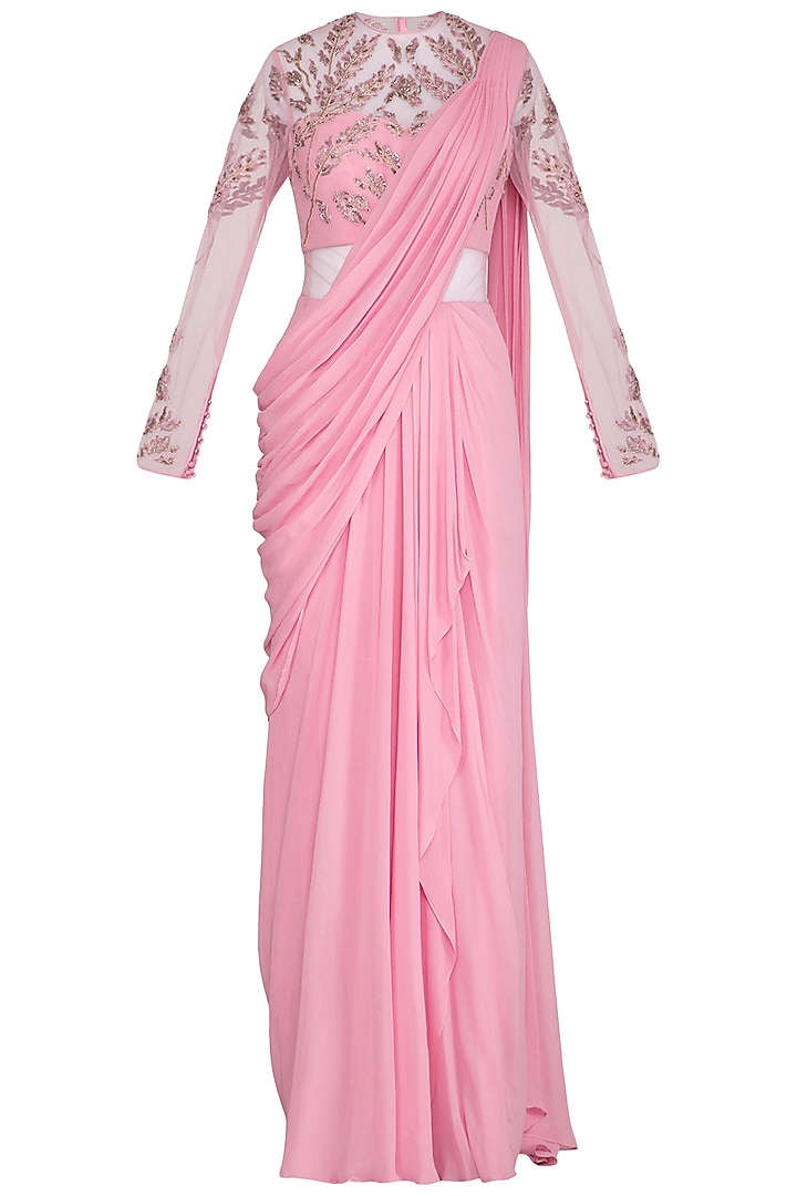 Salmon Pink Embroidered Saree Gown by VIVEK PATEL