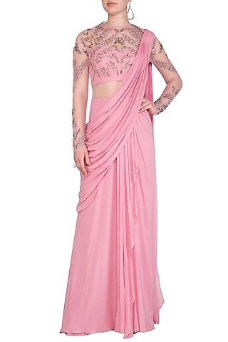 Salmon Pink Embroidered Saree Gown by Vivek Patel