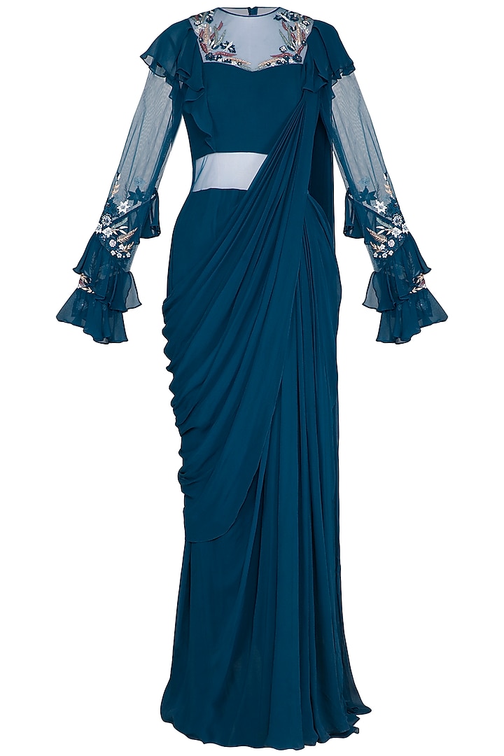 Teal Embroidered Frill Saree Gown by VIVEK PATEL
