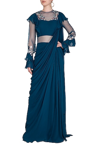 Teal Embroidered Frill Saree Gown by Vivek Patel
