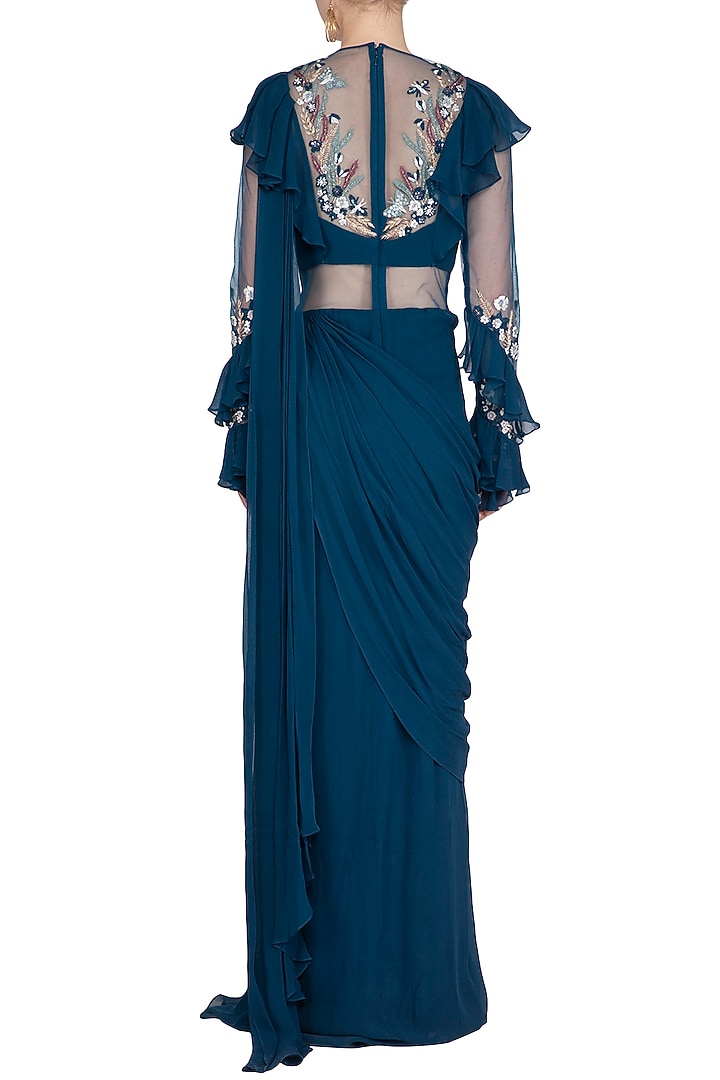 Teal Embroidered Frill Wedding Saree Gown by Vivek Patel at Pernia's Pop Up Shop