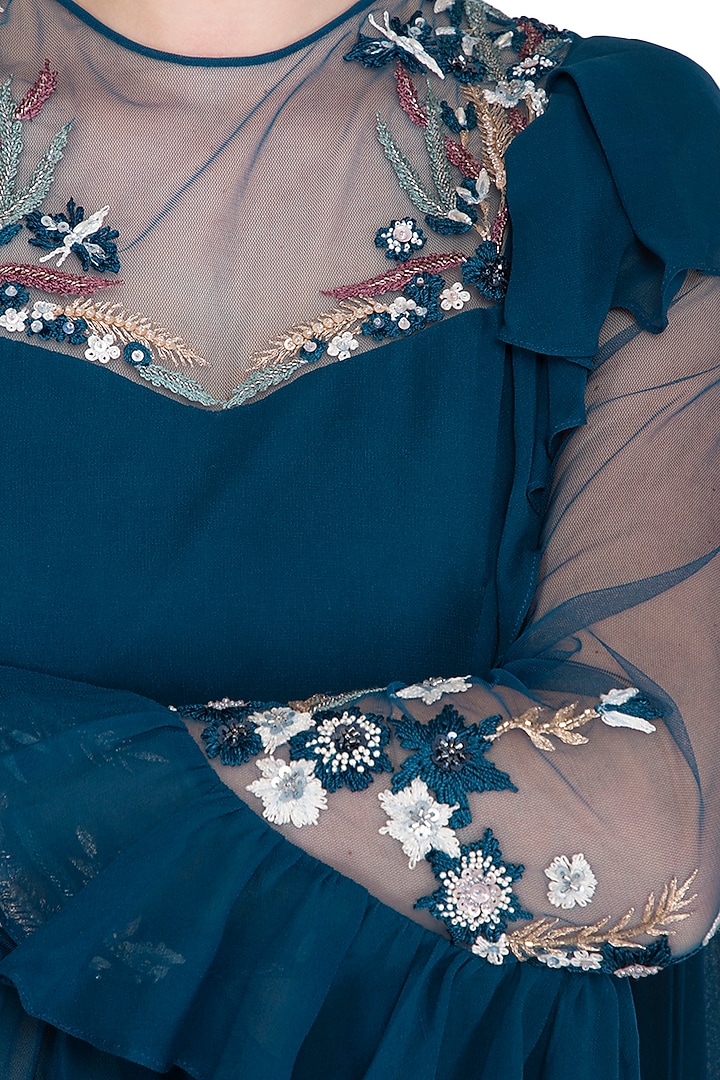 Teal Embroidered Frill Wedding Saree Gown by Vivek Patel at Pernia's Pop Up Shop