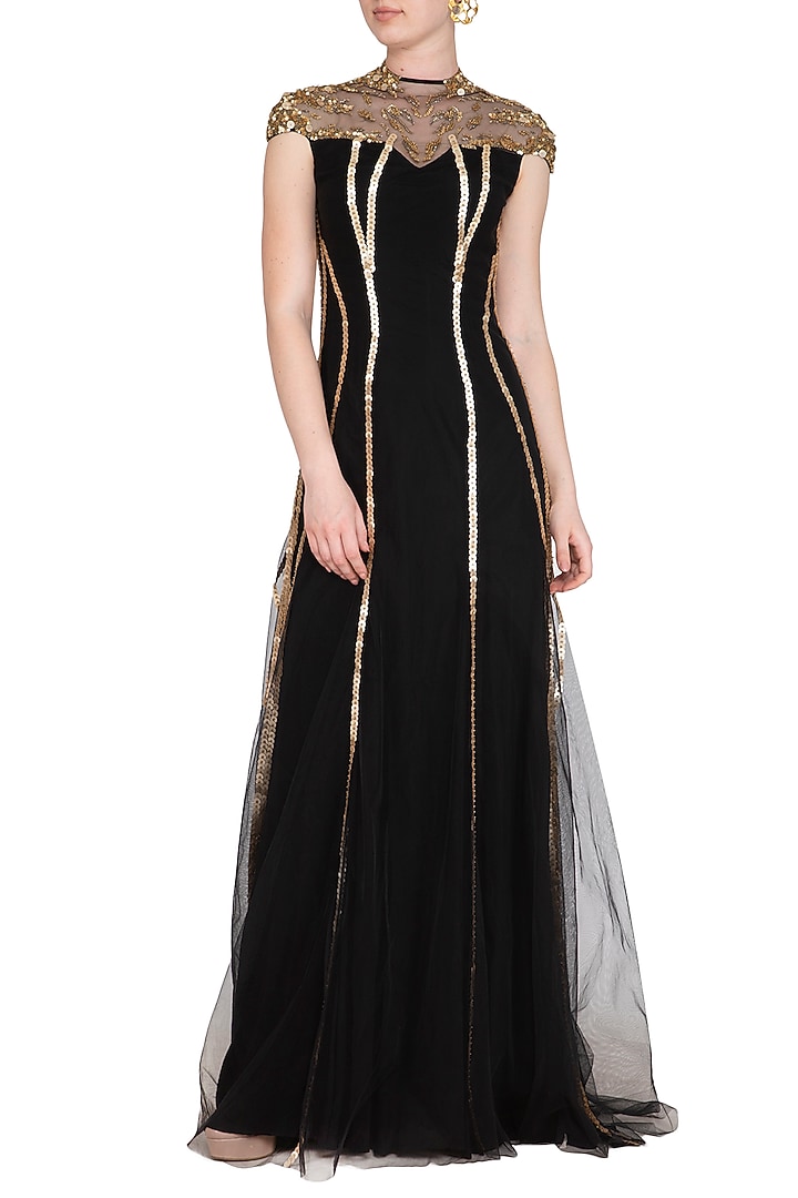 Black Embroidered Abstract Splatter Blot Engagement Gown by Vivek Patel at Pernia's Pop Up Shop