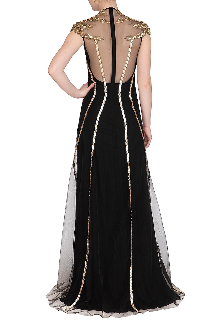 Black Embroidered Abstract Splatter Blot Engagement Gown by Vivek Patel at Pernia's Pop Up Shop