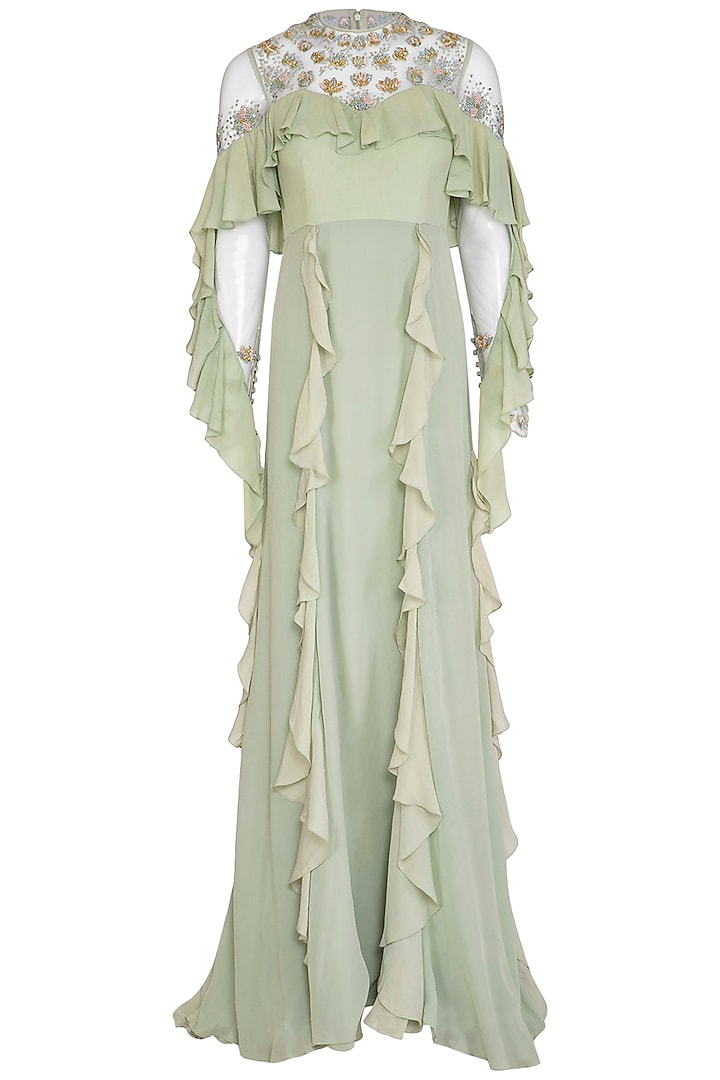 Calico Green Embroidered Ruffled Gown by VIVEK PATEL