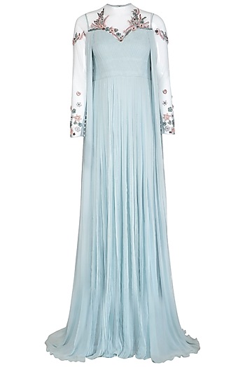 Sky Blue Plisse Embroidered Gown Design by VIVEK PATEL at Pernia's Pop ...