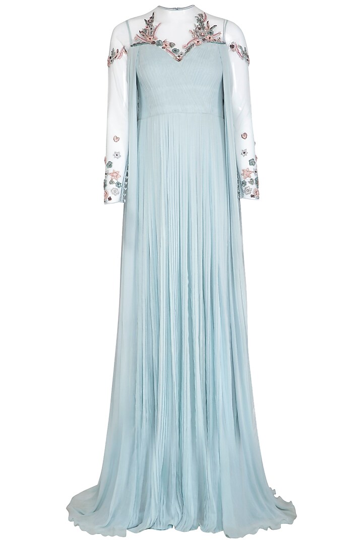 Sky Blue Plisse Embroidered Gown by VIVEK PATEL