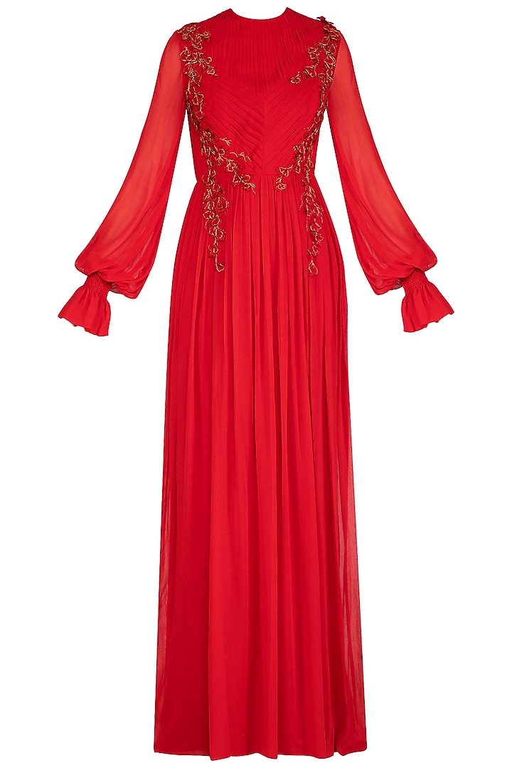 Red Embroidered Bell Sleeves Gown by VIVEK PATEL
