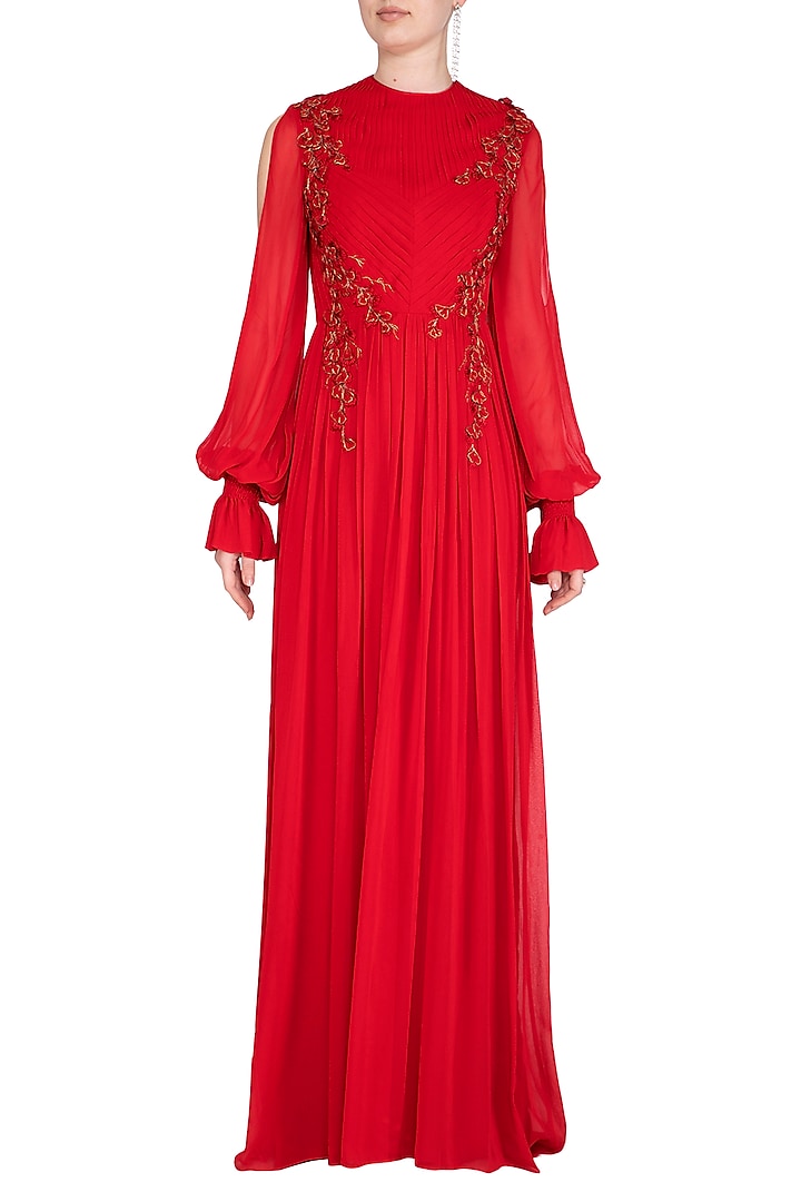 Red Embroidered Bell Sleeves Engagement Gown by Vivek Patel at Pernia's Pop Up Shop