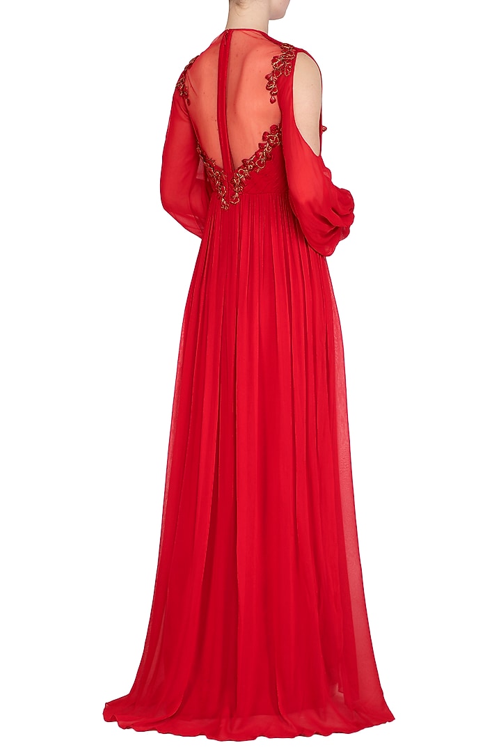 Red Embroidered Bell Sleeves Engagement Gown by Vivek Patel at Pernia's Pop Up Shop