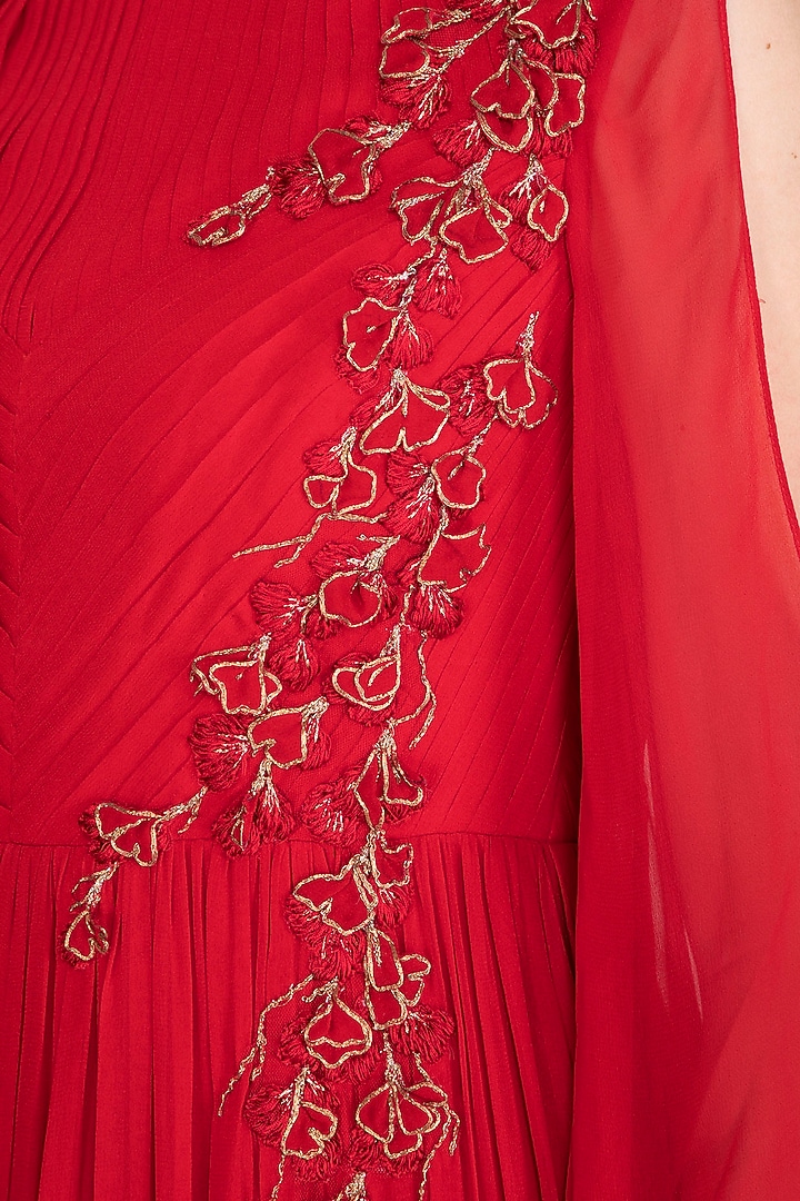 Red Embroidered Bell Sleeves Engagement Gown by Vivek Patel at Pernia's Pop Up Shop