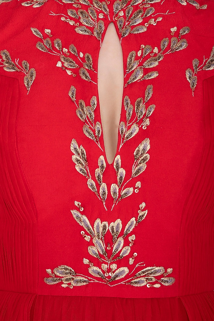 Red Embroidered Symmetrical Twig Engagement Gown by Vivek Patel at Pernia's Pop Up Shop