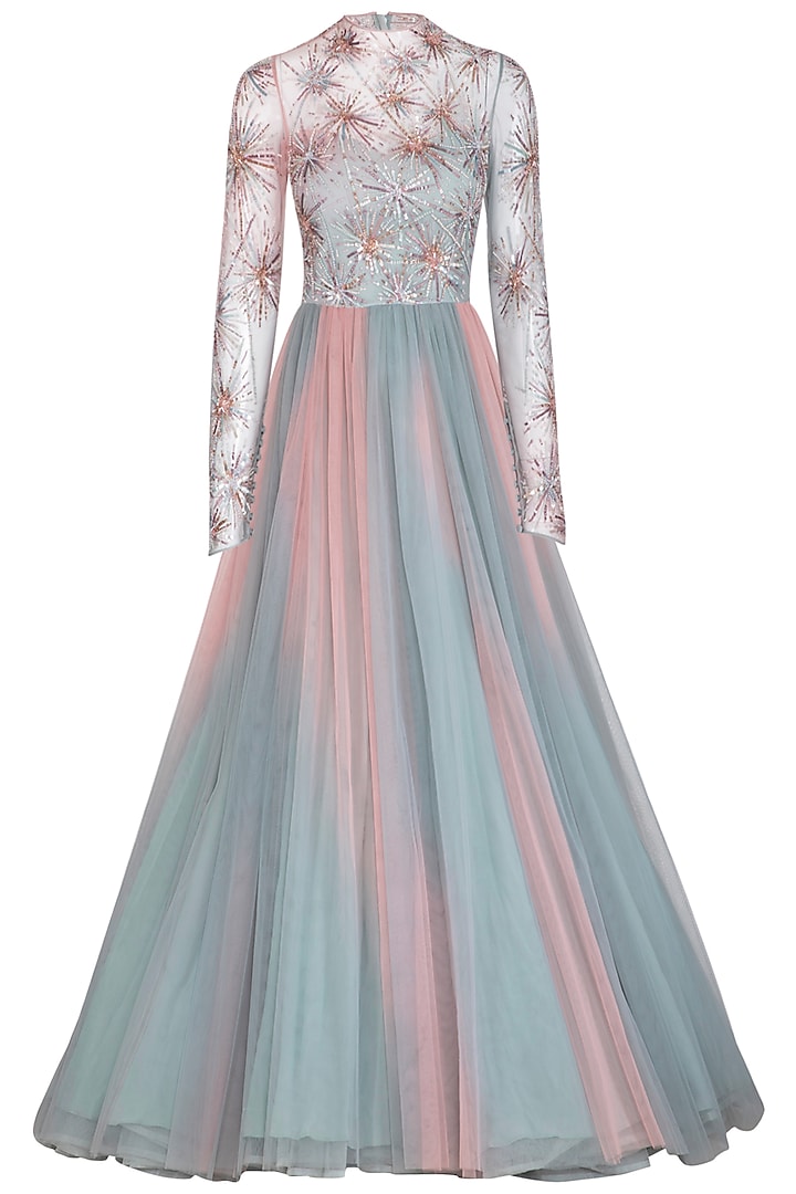 Pearl Pink & Frost Blue Embroidered Ombre Gown by VIVEK PATEL