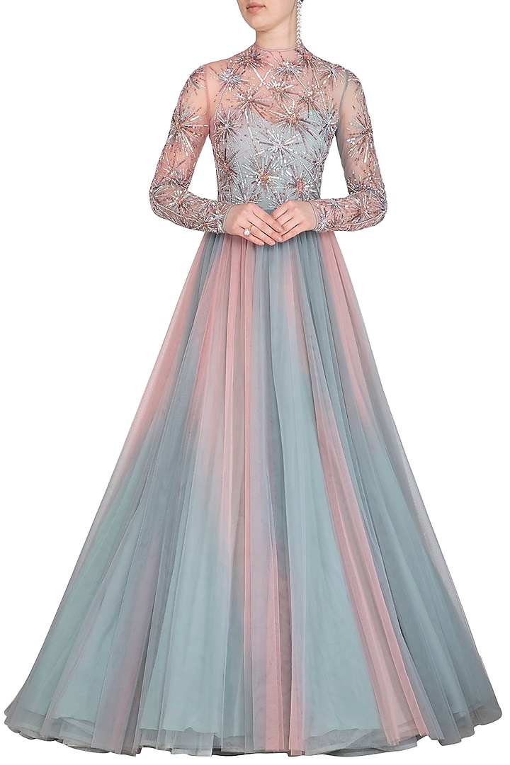 Pearl Pink & Frost Blue Tulle Embroidered Ombre Wedding Gown by Vivek Patel at Pernia's Pop Up Shop