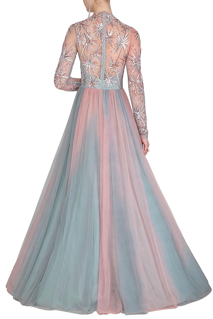 Pearl Pink & Frost Blue Tulle Embroidered Ombre Wedding Gown by Vivek Patel at Pernia's Pop Up Shop