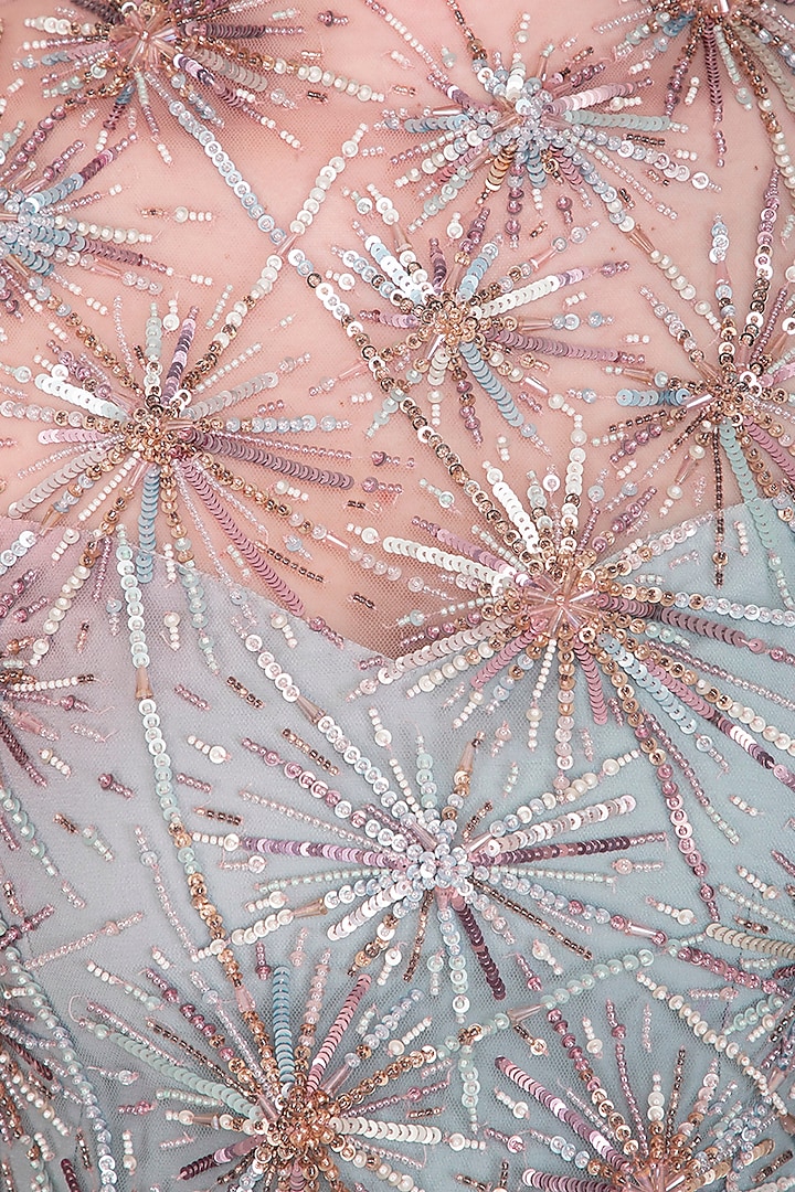 Pearl Pink & Frost Blue Tulle Embroidered Ombre Wedding Gown by Vivek Patel at Pernia's Pop Up Shop