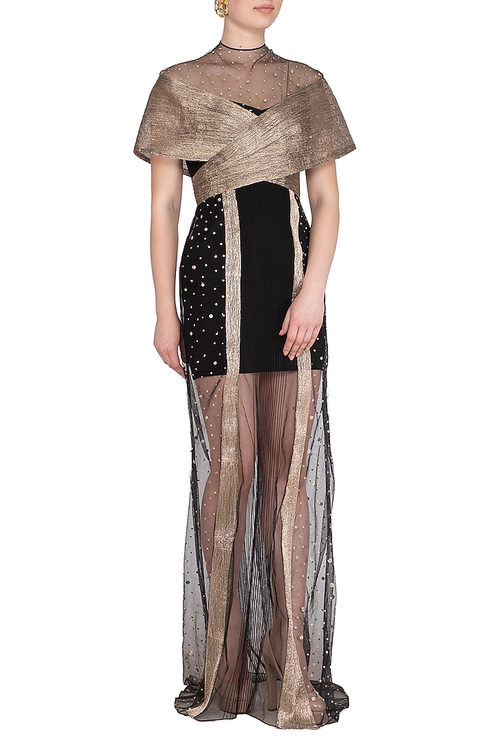Black Tulle & Crepe Embroidered Wedding Gown Saree by Vivek Patel at Pernia's Pop Up Shop