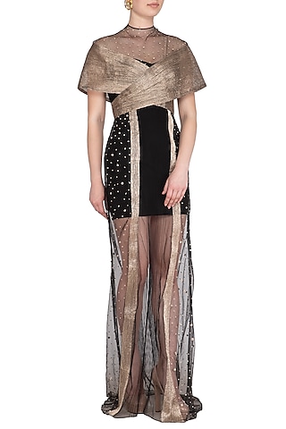 Black Tulle & Crepe Embroidered Gown Saree by Vivek Patel