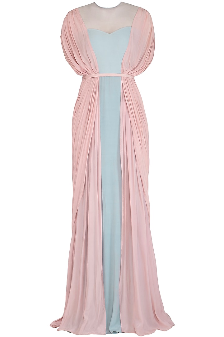 Pearl Pink & Frost Blue Gathered Draped Gown by VIVEK PATEL