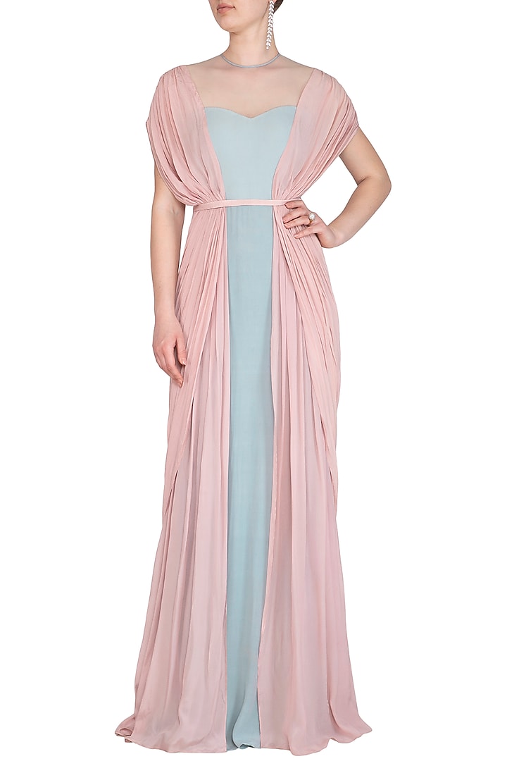 Pearl Pink & Frost Blue Crepe Gathered Draped Engagement Gown by Vivek Patel at Pernia's Pop Up Shop