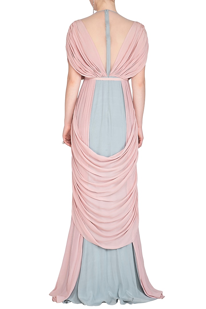 Pearl Pink & Frost Blue Crepe Gathered Draped Engagement Gown by Vivek Patel at Pernia's Pop Up Shop