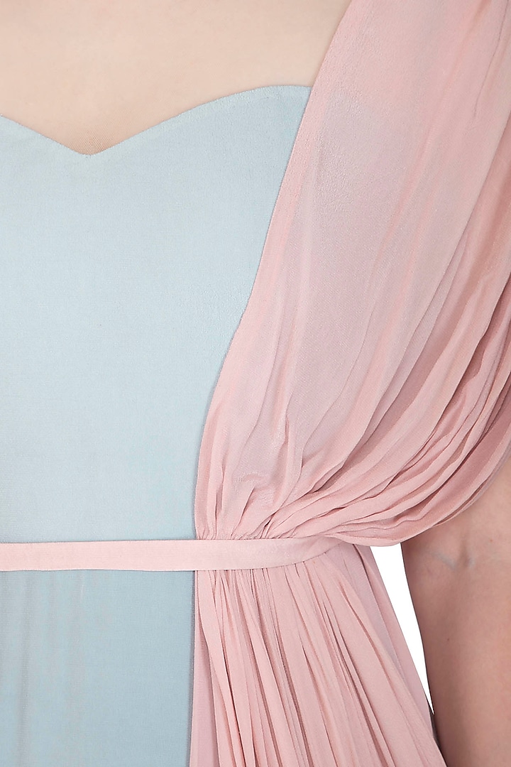 Pearl Pink & Frost Blue Crepe Gathered Draped Engagement Gown by Vivek Patel at Pernia's Pop Up Shop