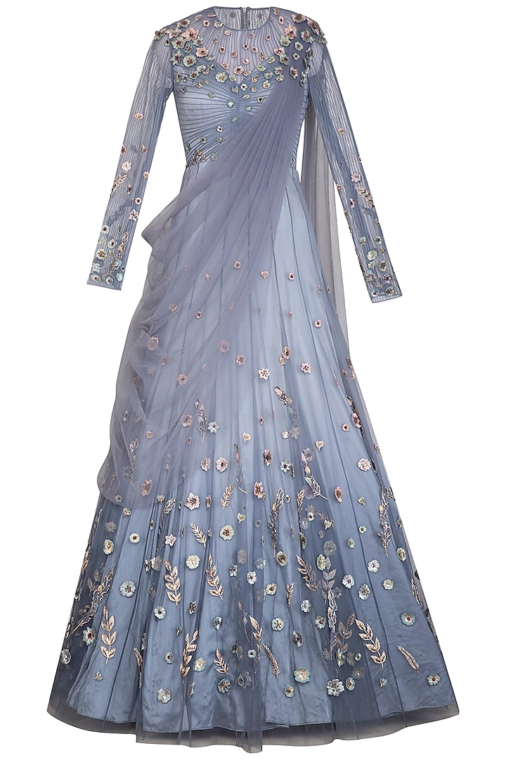 Stone Blue Embellished Ombre Lehenga Gown by VIVEK PATEL