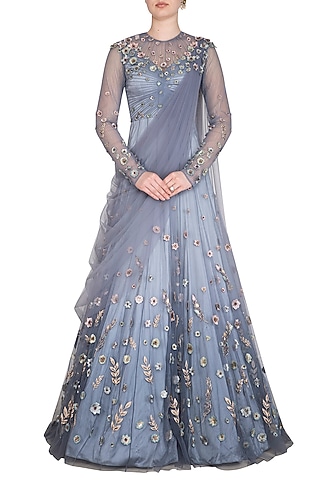 Stone Blue Embellished Ombre Lehenga Gown by Vivek Patel